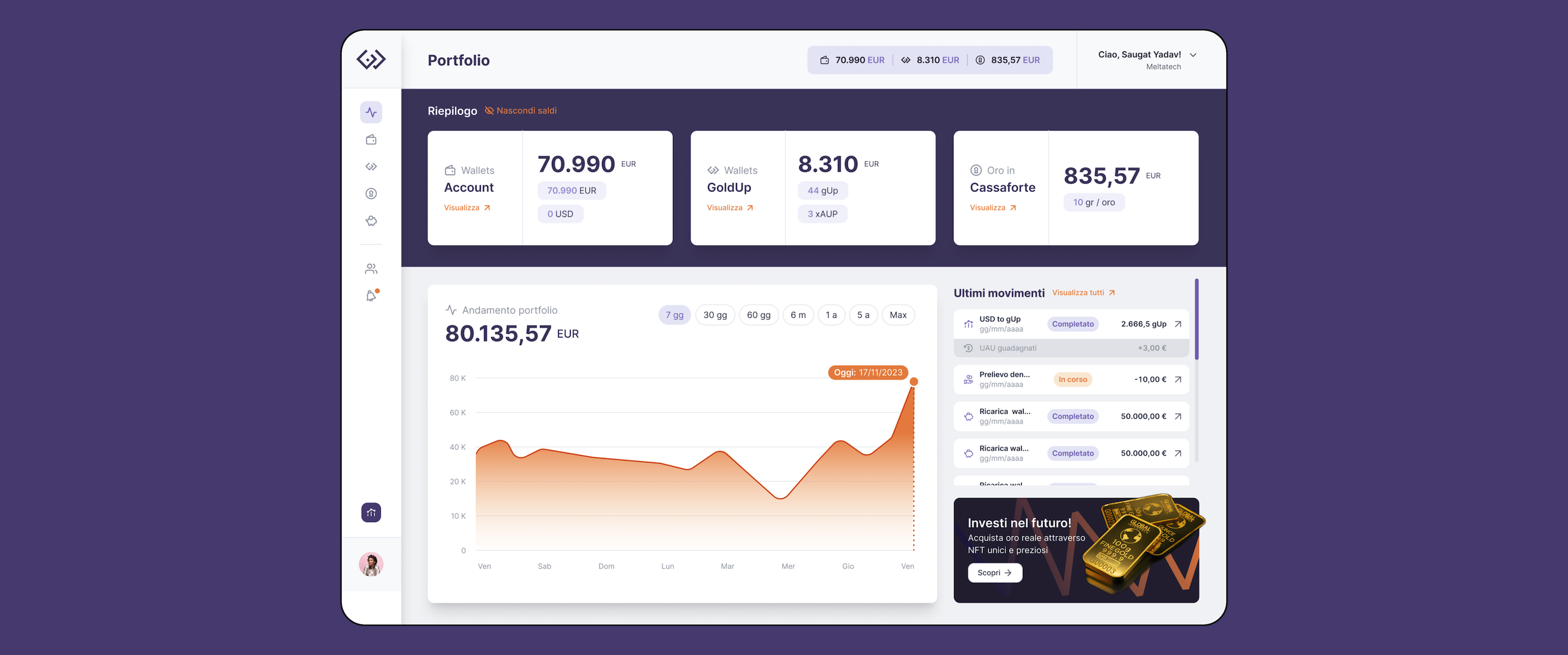 Mockup che raffigura la schermata Portfolio dell'app GoldUp