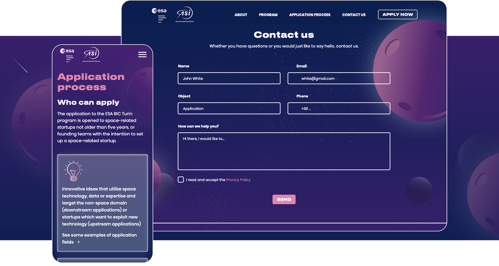 Mockup progetto EsaBic - Contatti e Application