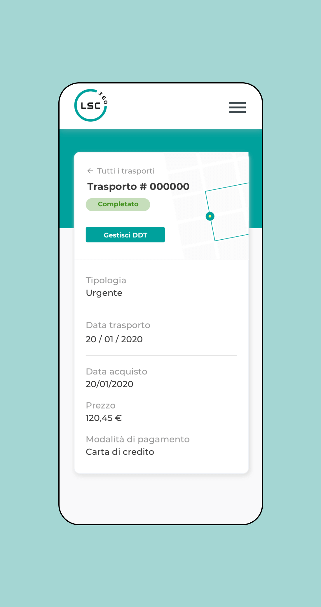 Mockup progetto LSC360: Trasporto completato versione mobile