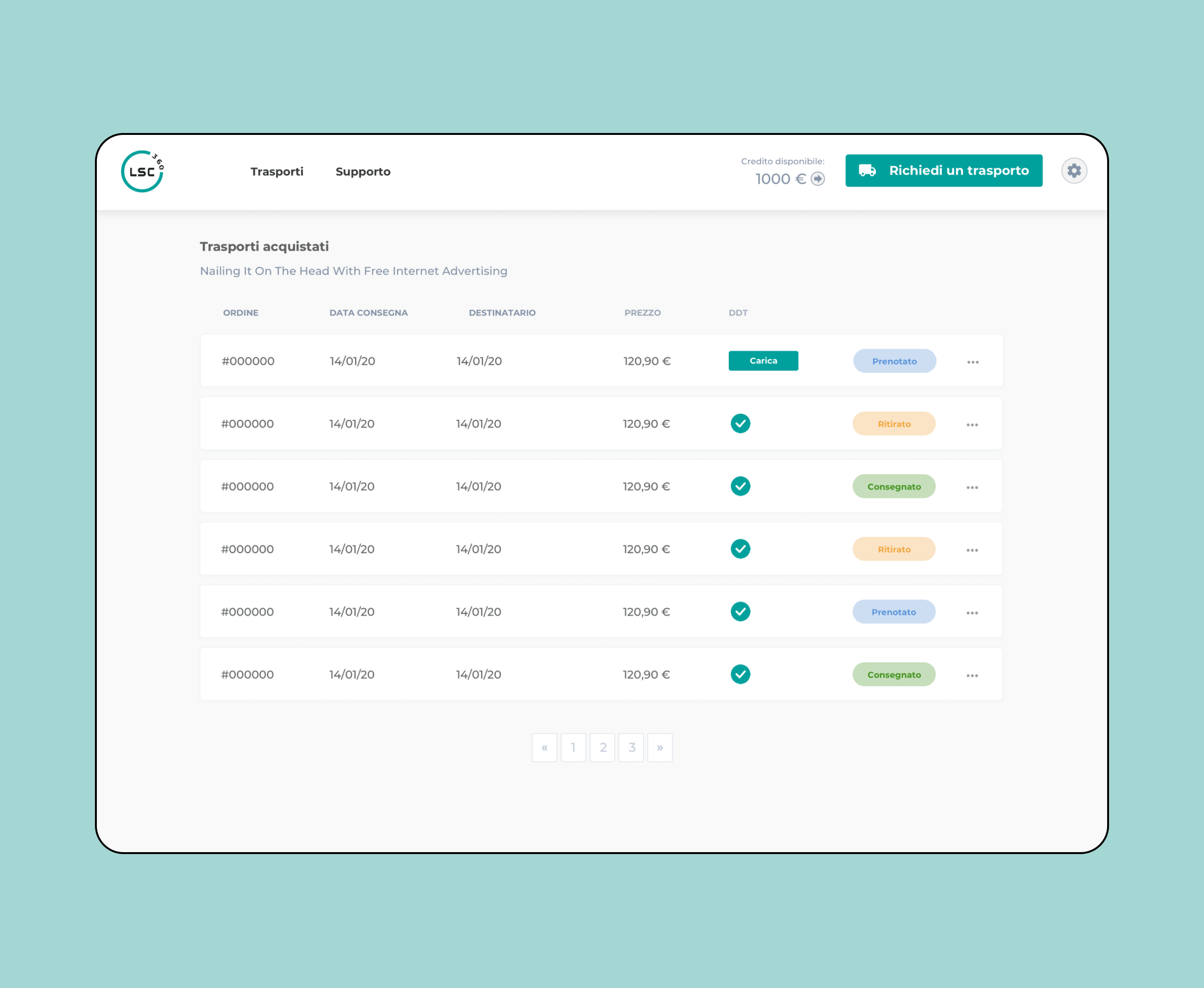 Mockup progetto LSC360: Elenco trasporti acquistati