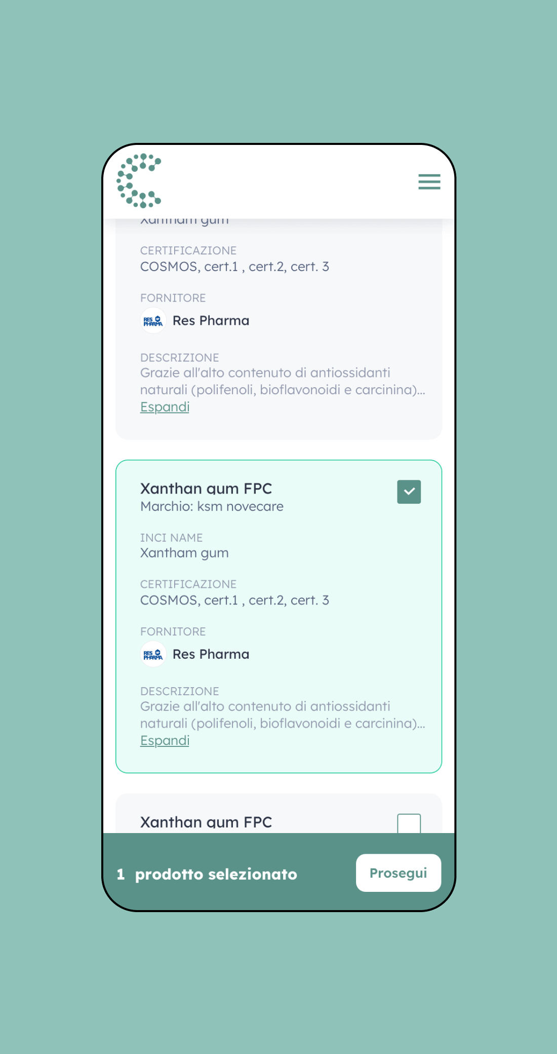 Mockup progetto Cosmetitrovo: fornitori versione mobile