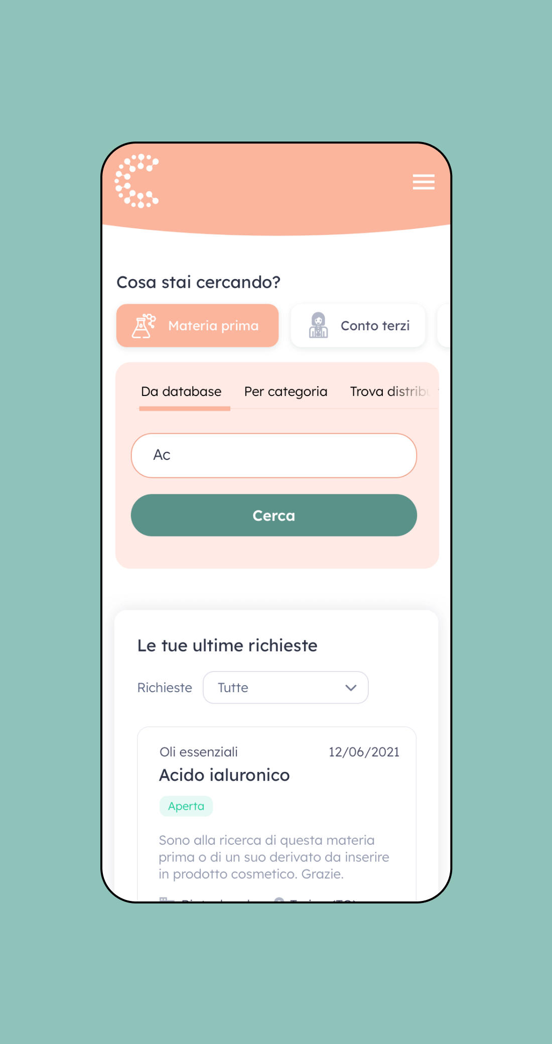Mockup progetto Cosmetitrovo: ricerca prodotti versione mobile