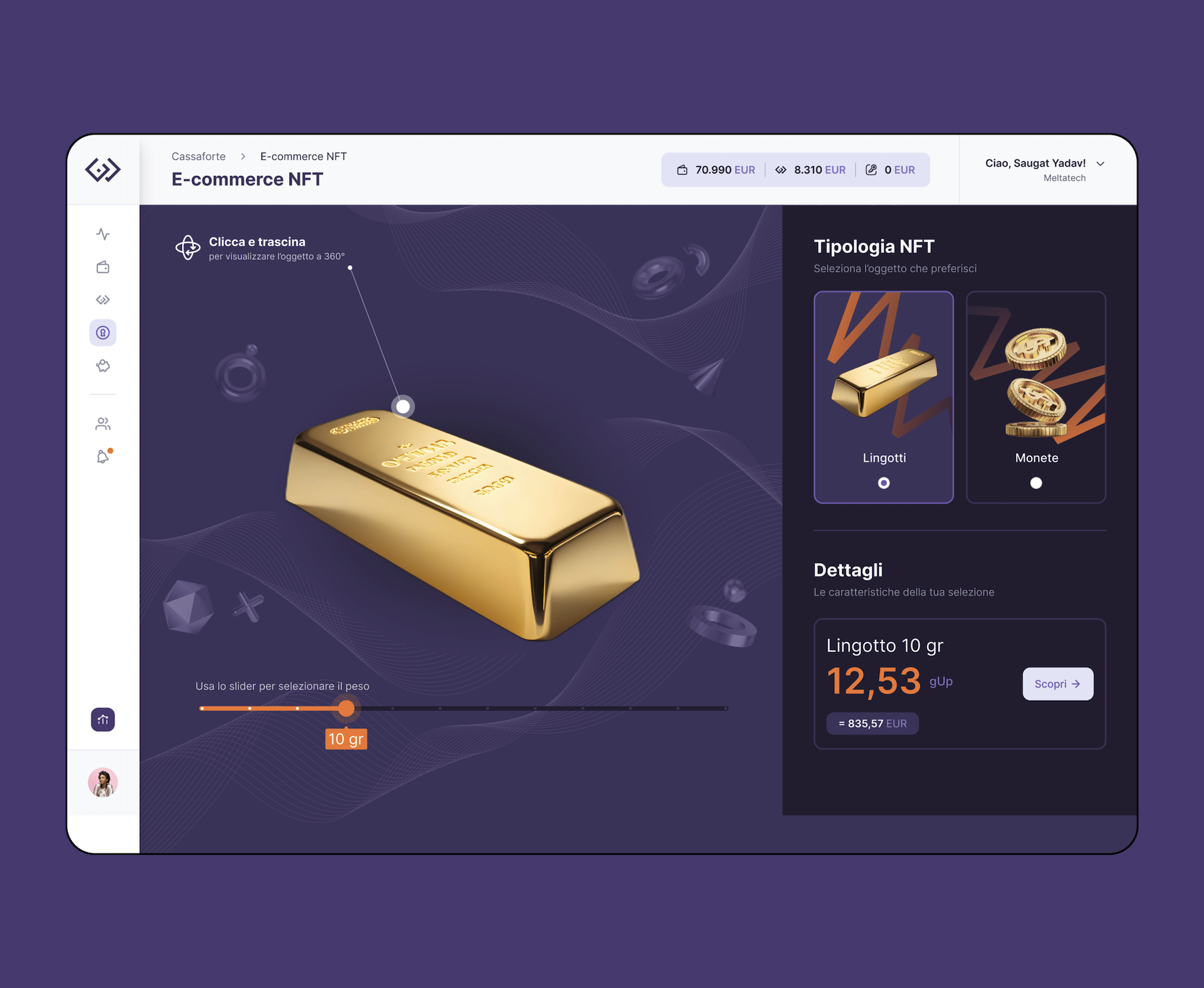 Mockup che raffigura la schermata E-commerce NFT dell'app Goldup - versione desktop