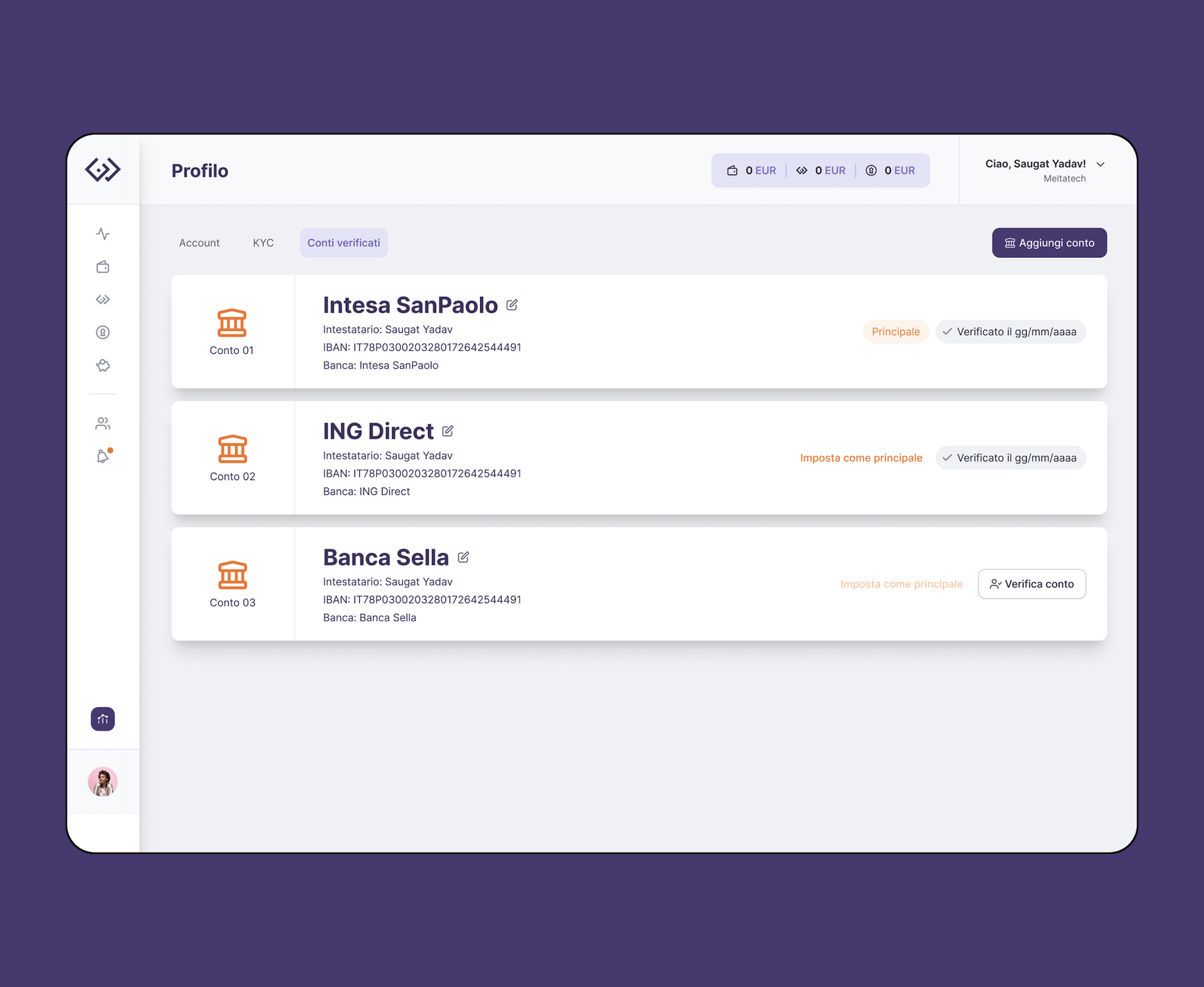 Mockup che raffigura la schermata relativa ai Conti bancari dell'app Goldup - Versione desktop
