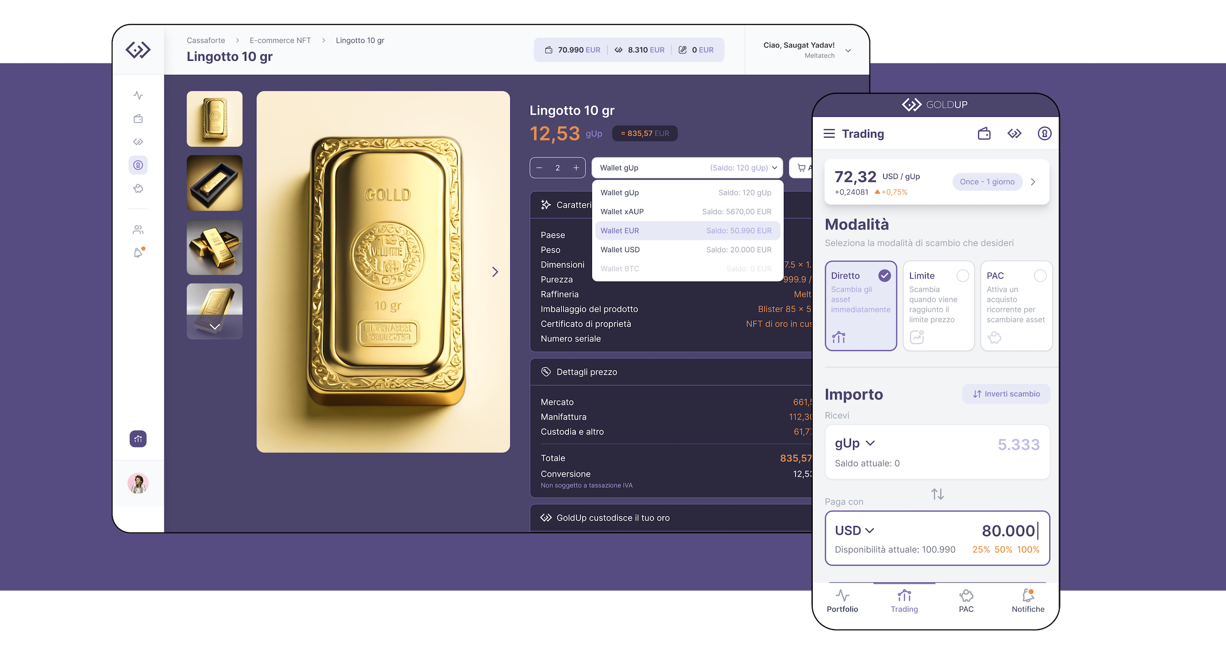 Mockup che raffigura le schermate Lingotto d'oro e Trading dell'app Goldup - Versioni desktop e mobile