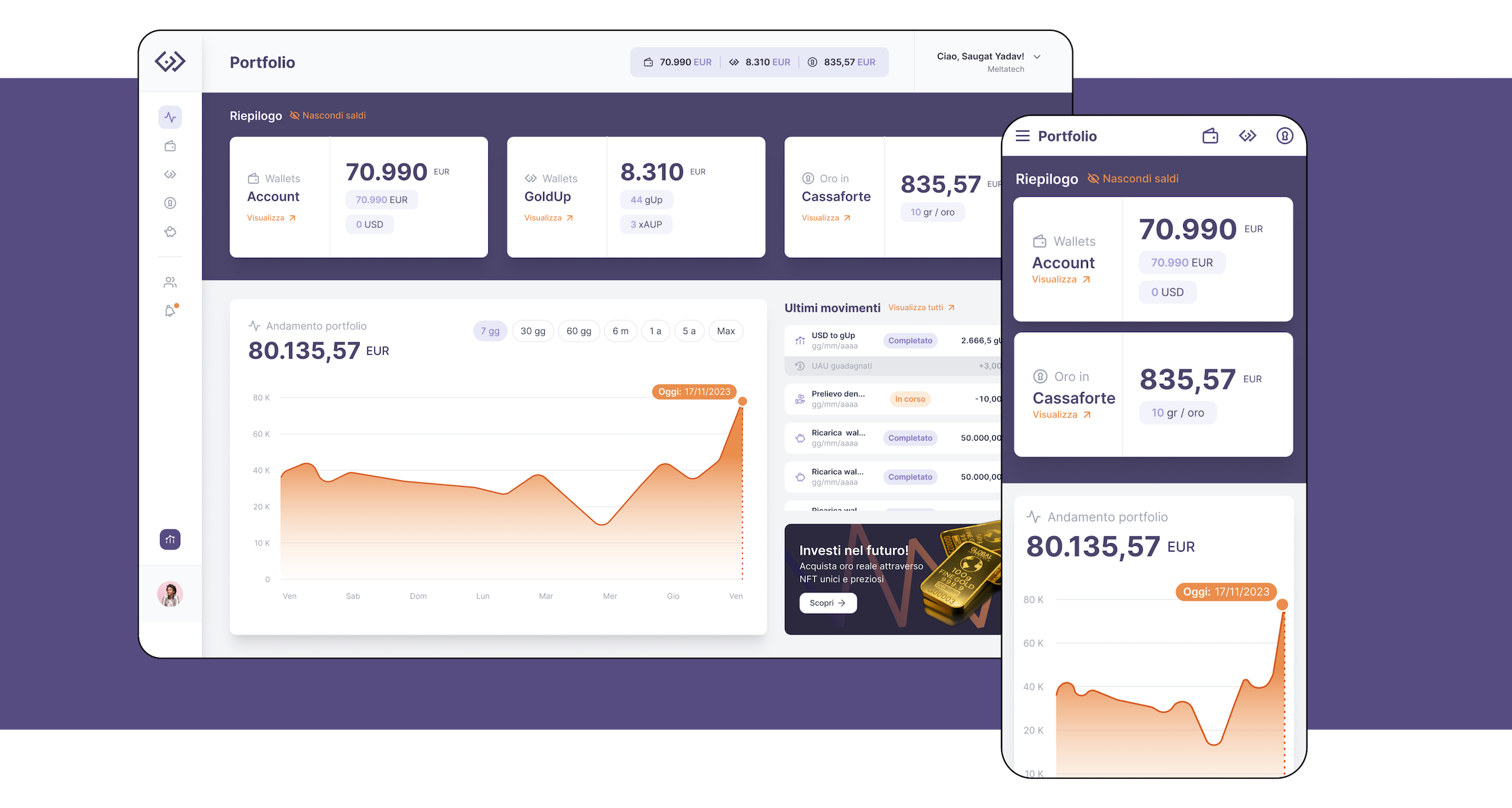 Mockup che raffigura la schermata Portfolio dell'app Goldup - Versioni desktop e mobile