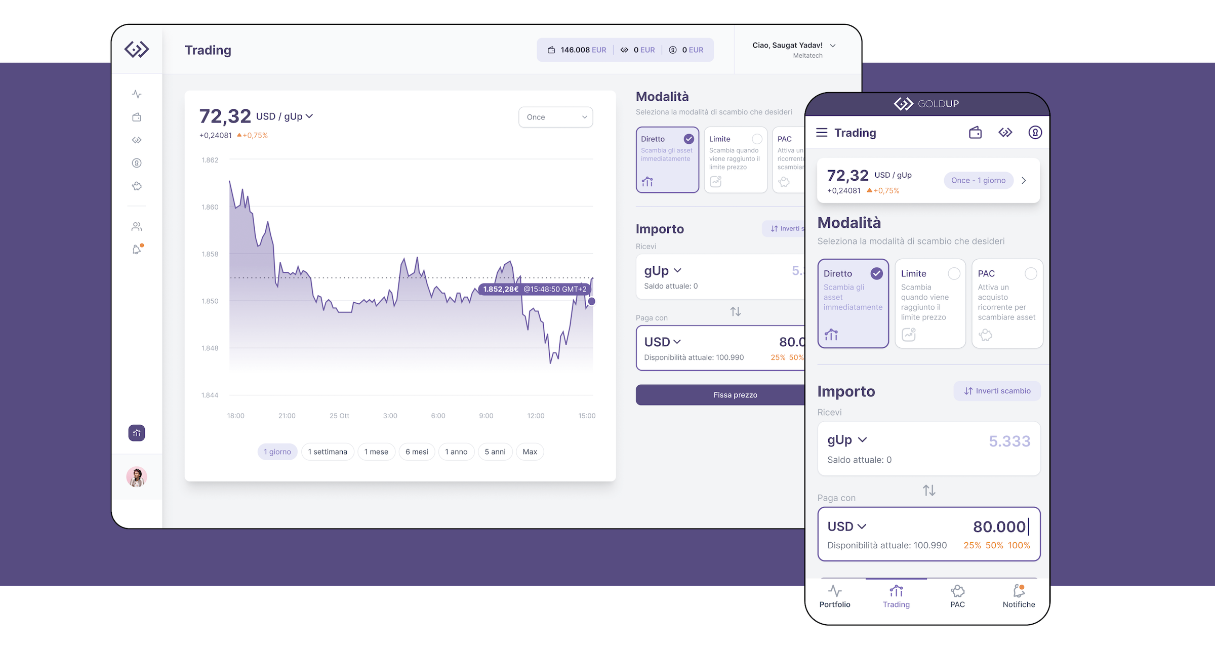 Mockup che raffigura la schermata Trading dell'app Goldup - Versioni desktop e mobile
