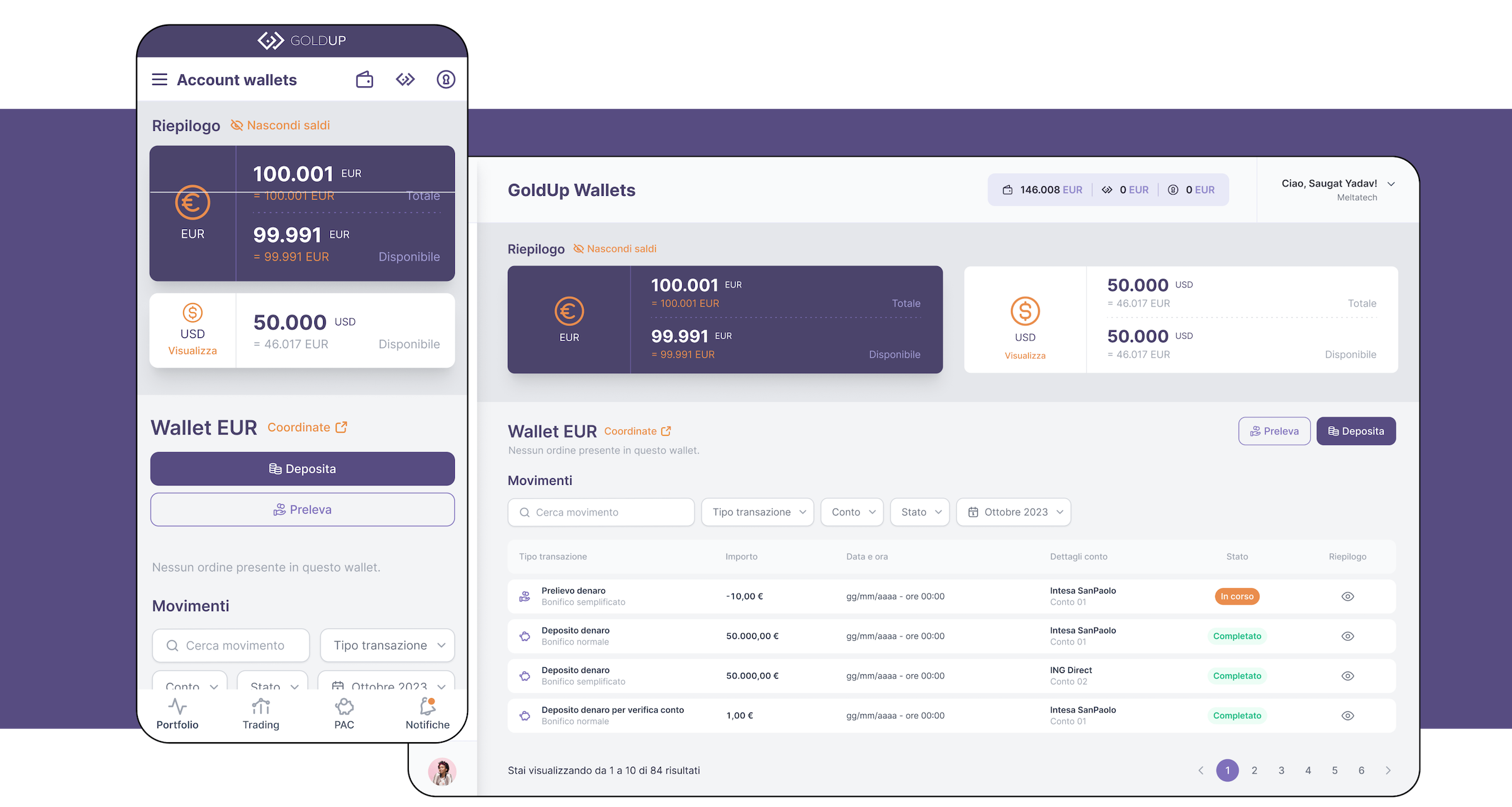 Mockup che raffigura la schermata Wallet dell'app Goldup - Versioni desktop e mobile
