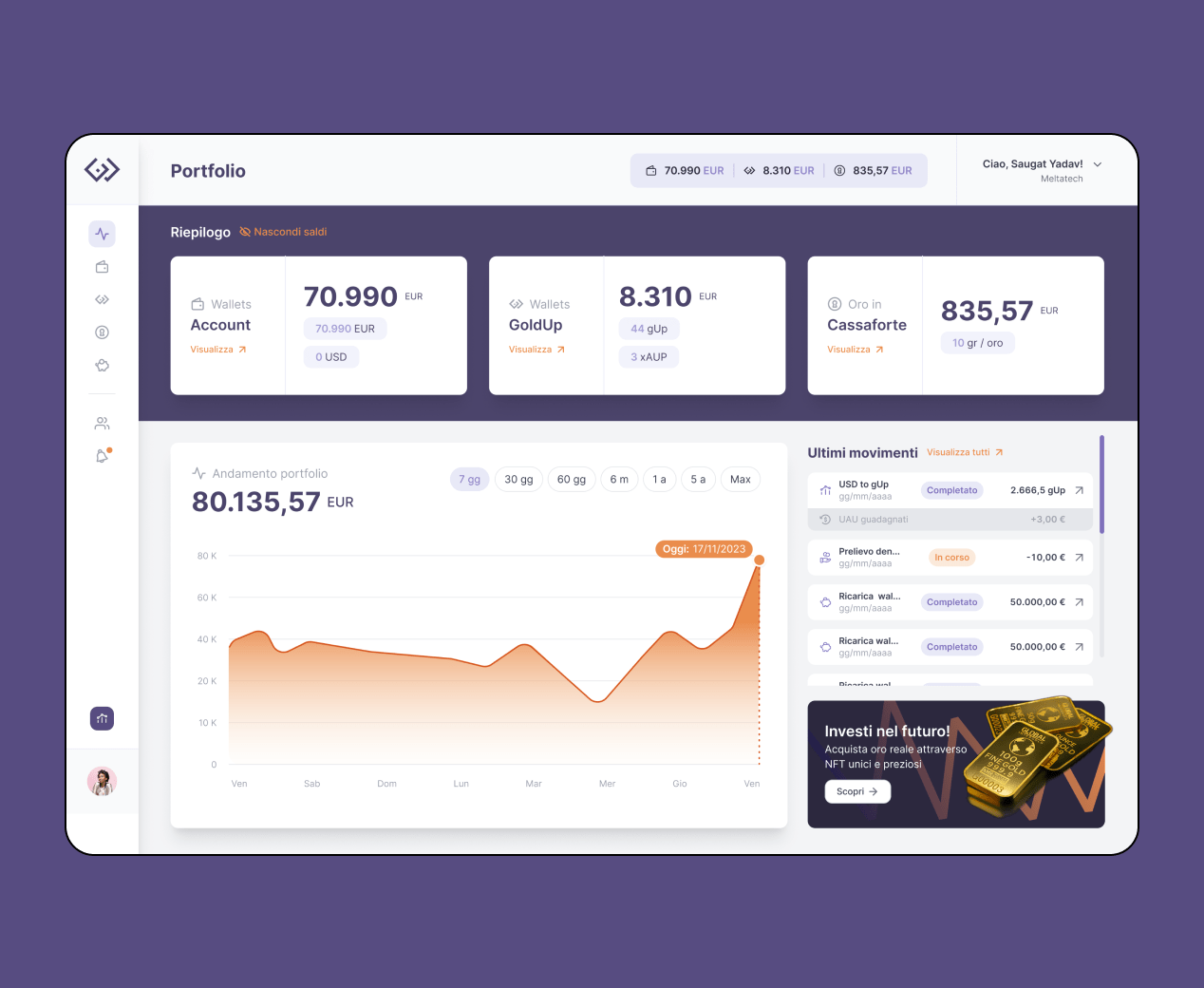 Mockup che raffigura la schermata Portfolio dell'app Goldup - Versione desktop