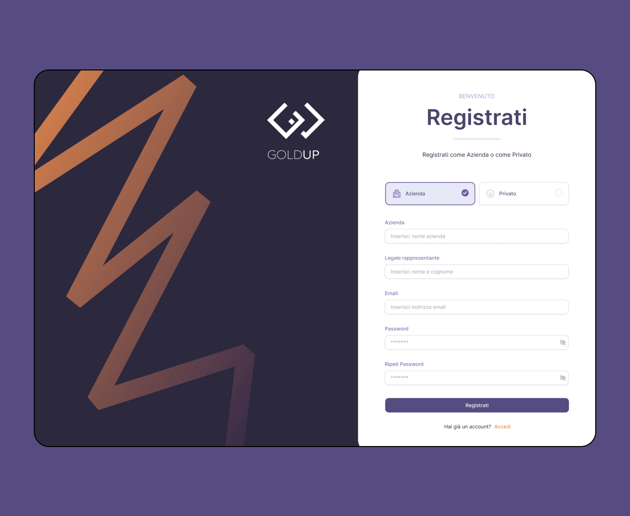 Mockup che raffigura la schermata di registrazione dell'app Goldup - Versione desktop