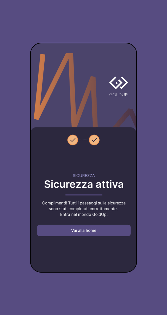 Mockup che raffigura la schermata relativa alla sicurezza attiva dell'app Goldup - Versione mobile