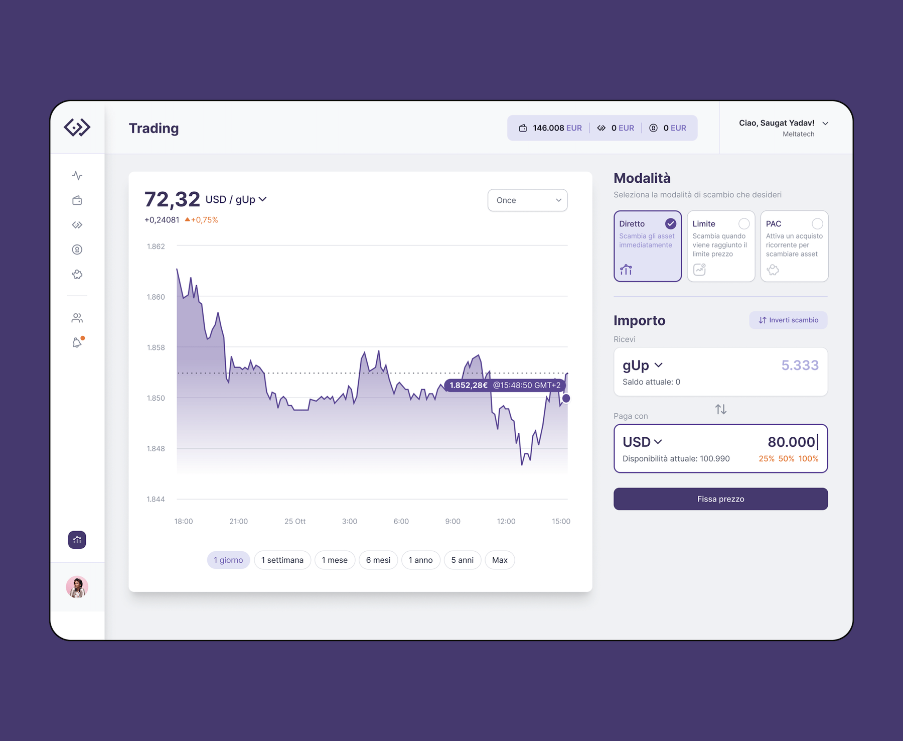 Mockup che raffigura la schermata Trading dell'app Goldup - Versione desktop