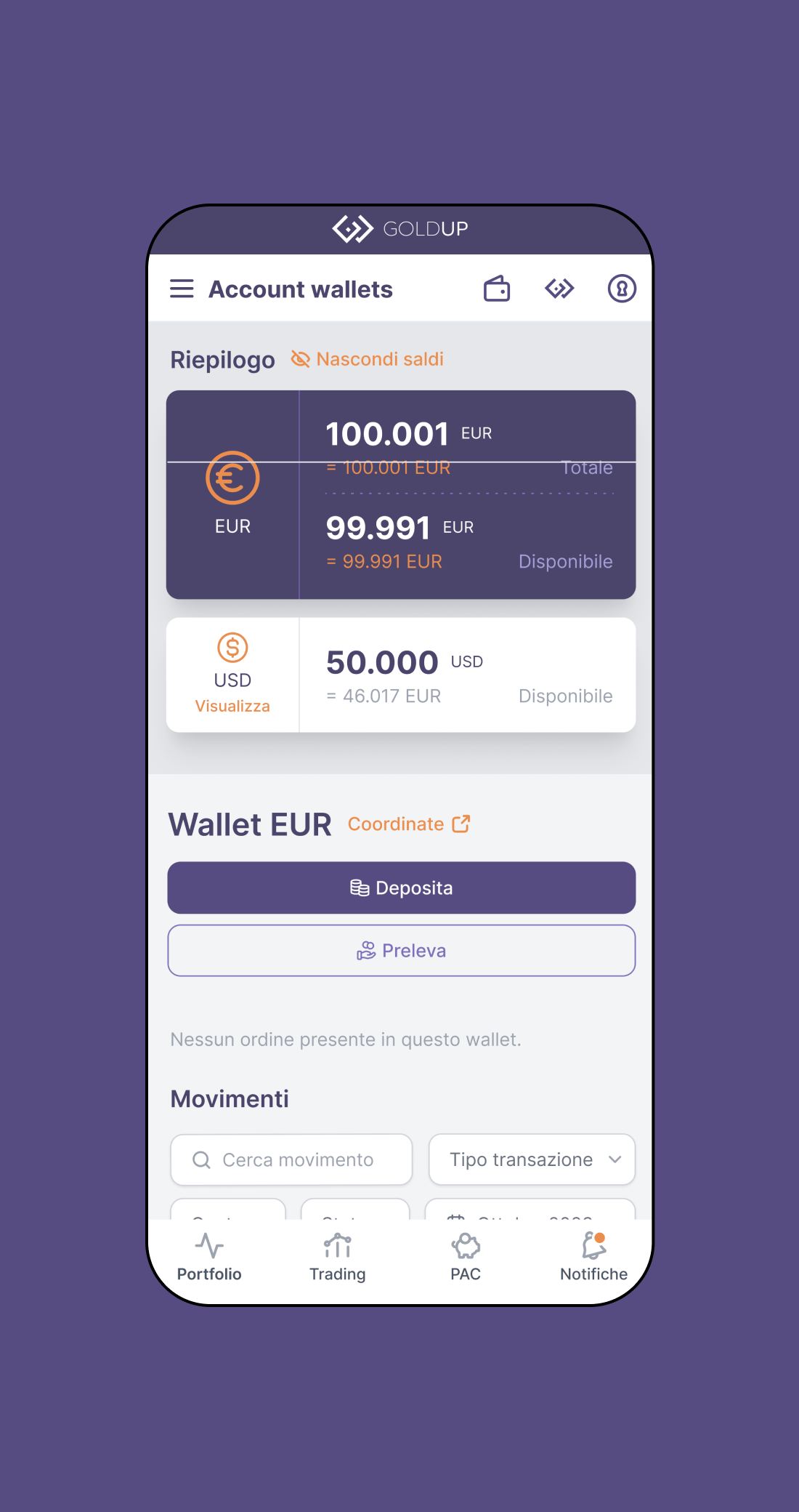 Mockup che raffigura la schermata Wallet dell'app Goldup - Versione mobile