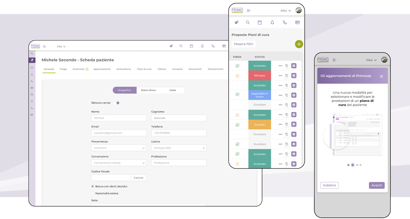 Mockup progetto PrimoUp: scheda paziente e piani di cura