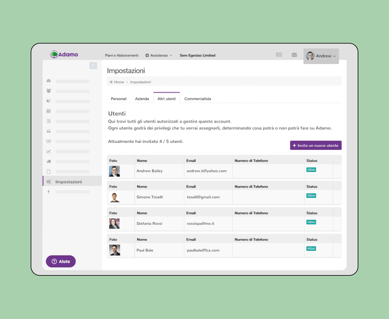 Mockup progetto Adamo: Impostazioni dashboard