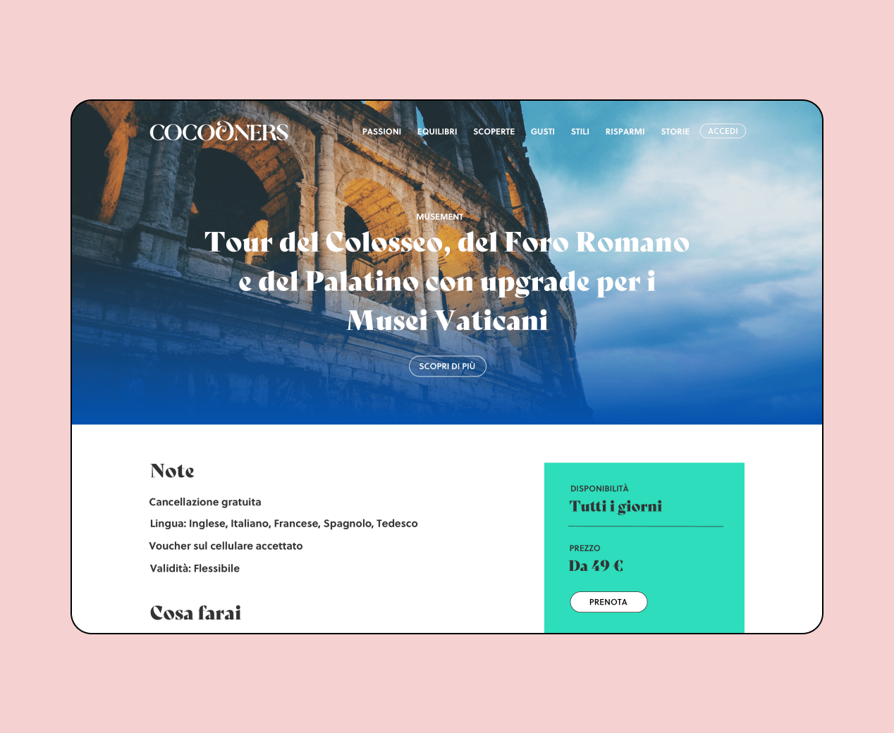Mockup progetto Cocooners: offerta tour del Colosseo