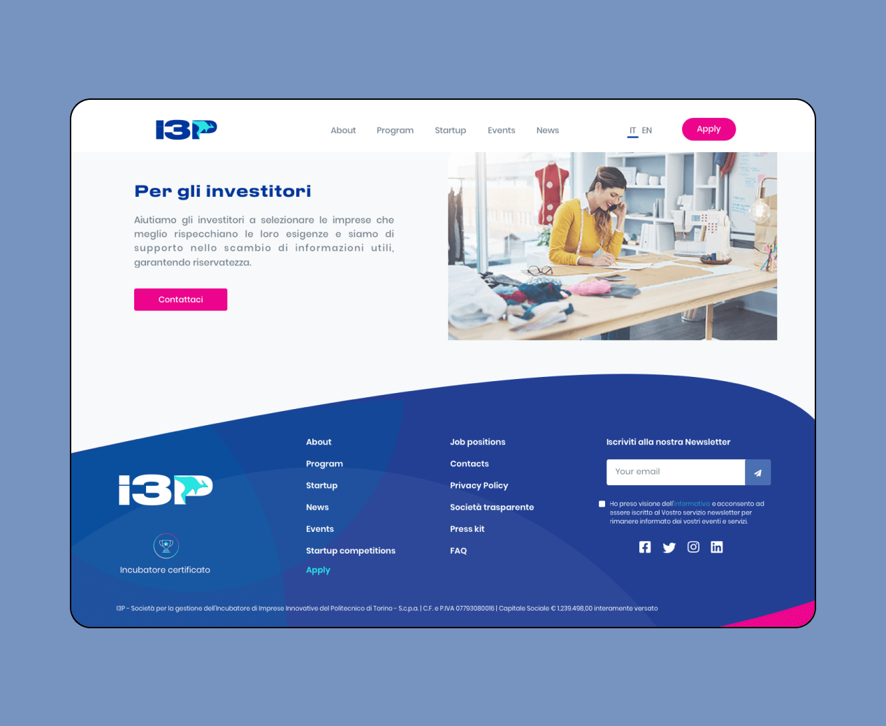 Mockup progetto I3p: pagina per gli investitori versione desktop