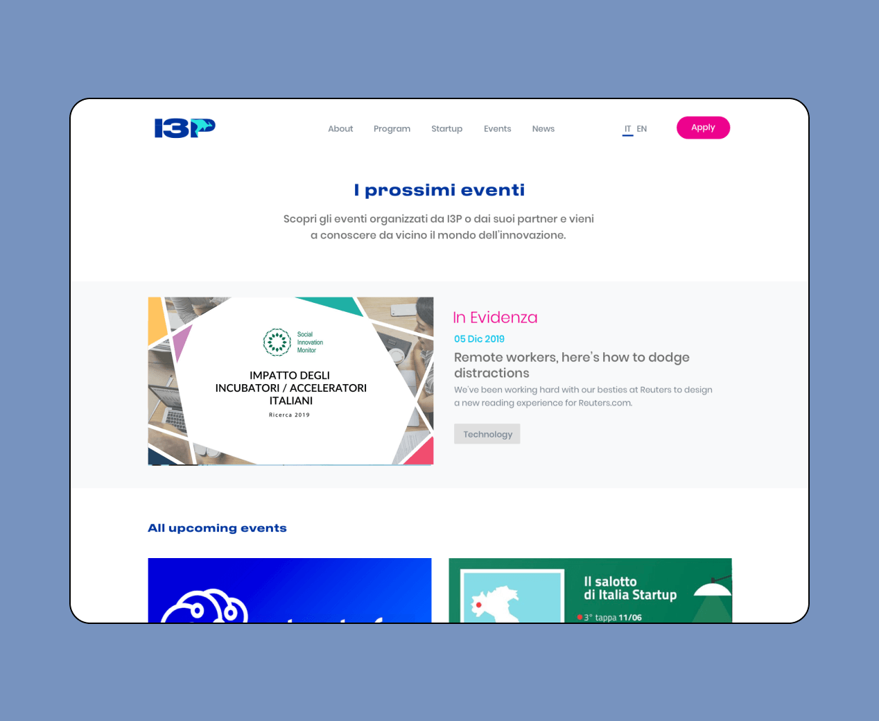 Mockup progetto I3p: prossimi eventi versione desktop