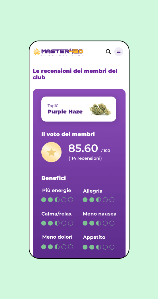 Mockup progetto Master420: Le recensioni dei membri del Club versione mobile