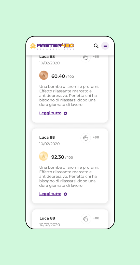 Mockup progetto Master420: recensioni versione mobile