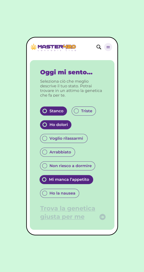 Mockup progetto Master420: Trova le genetiche versione mobile