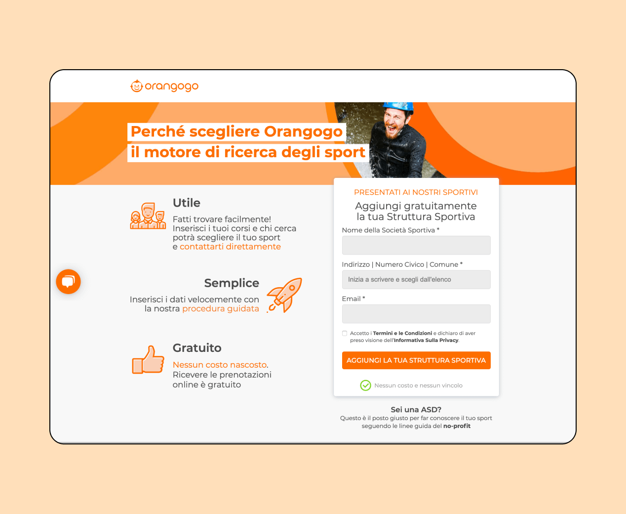 Mockup progetto Orangogo: iscrizione struttura desktop