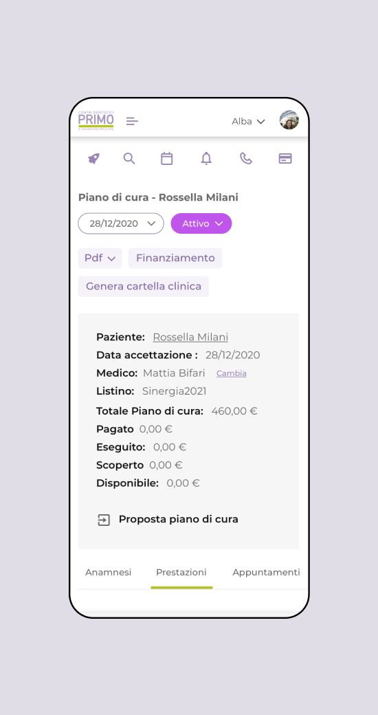 Mockup progetto PrimoUp: Piano di cura versione mobile