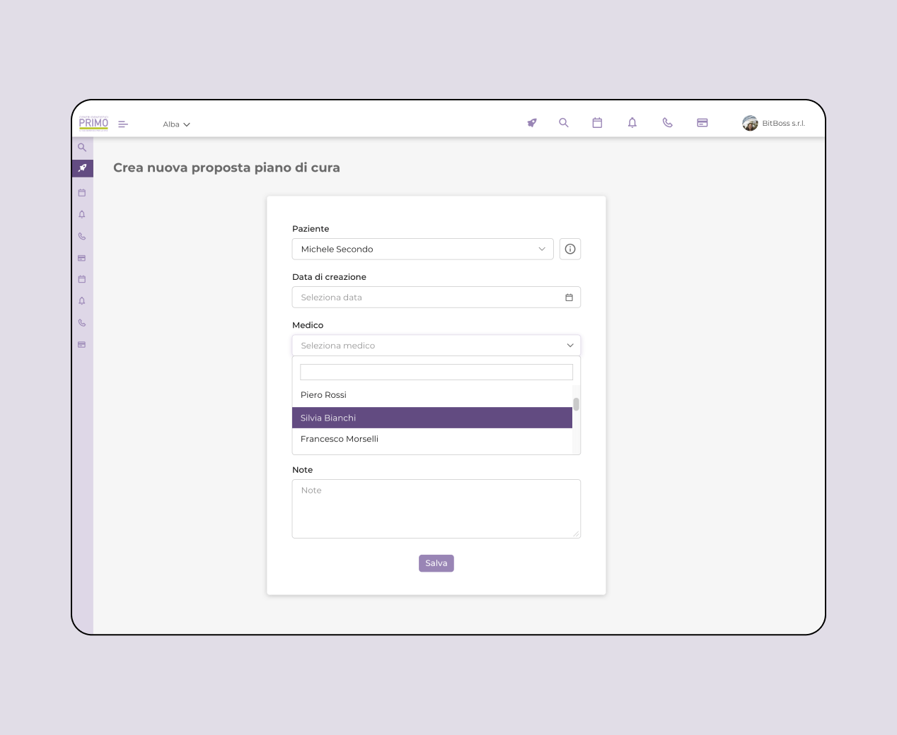Mockup progetto PrimoUp: crea proposta piano di cura