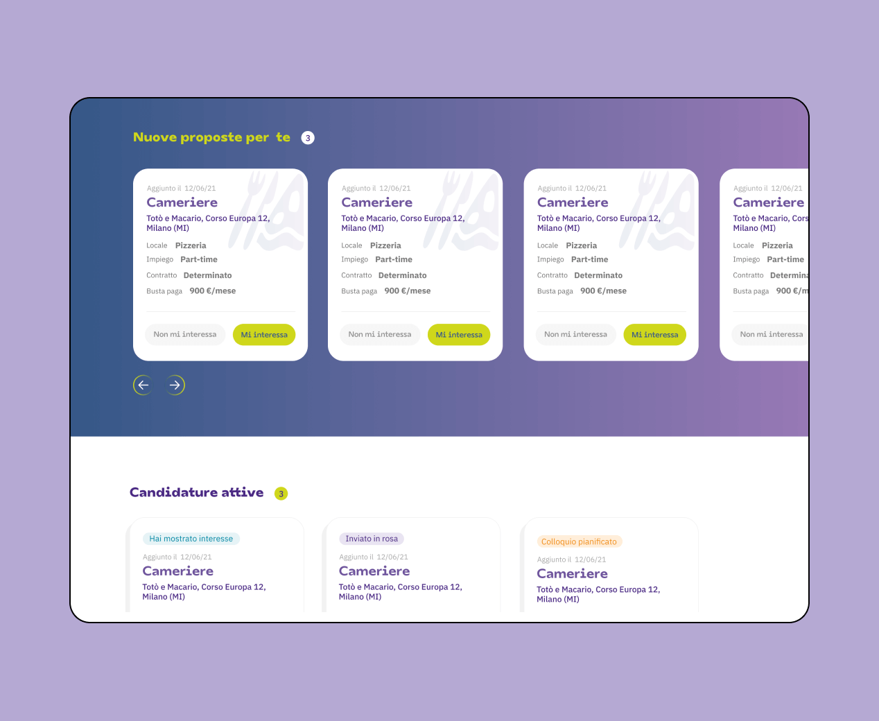Mockup progetto Restworld: candidature attive