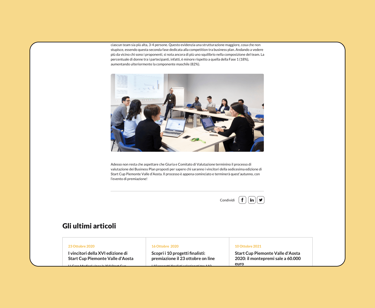 Mockup progetto Startcup: schermata articolo