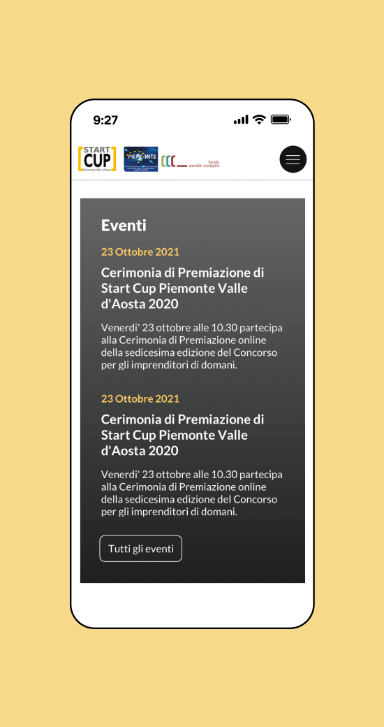 Mockup progetto Startcup: eventi versione mobile