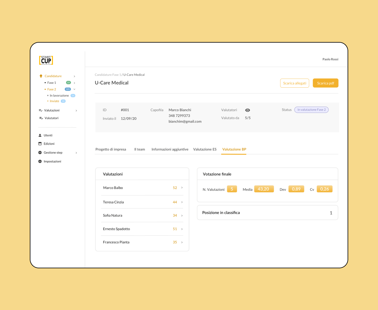 Mockup progetto Startcup: fasi della candidatura