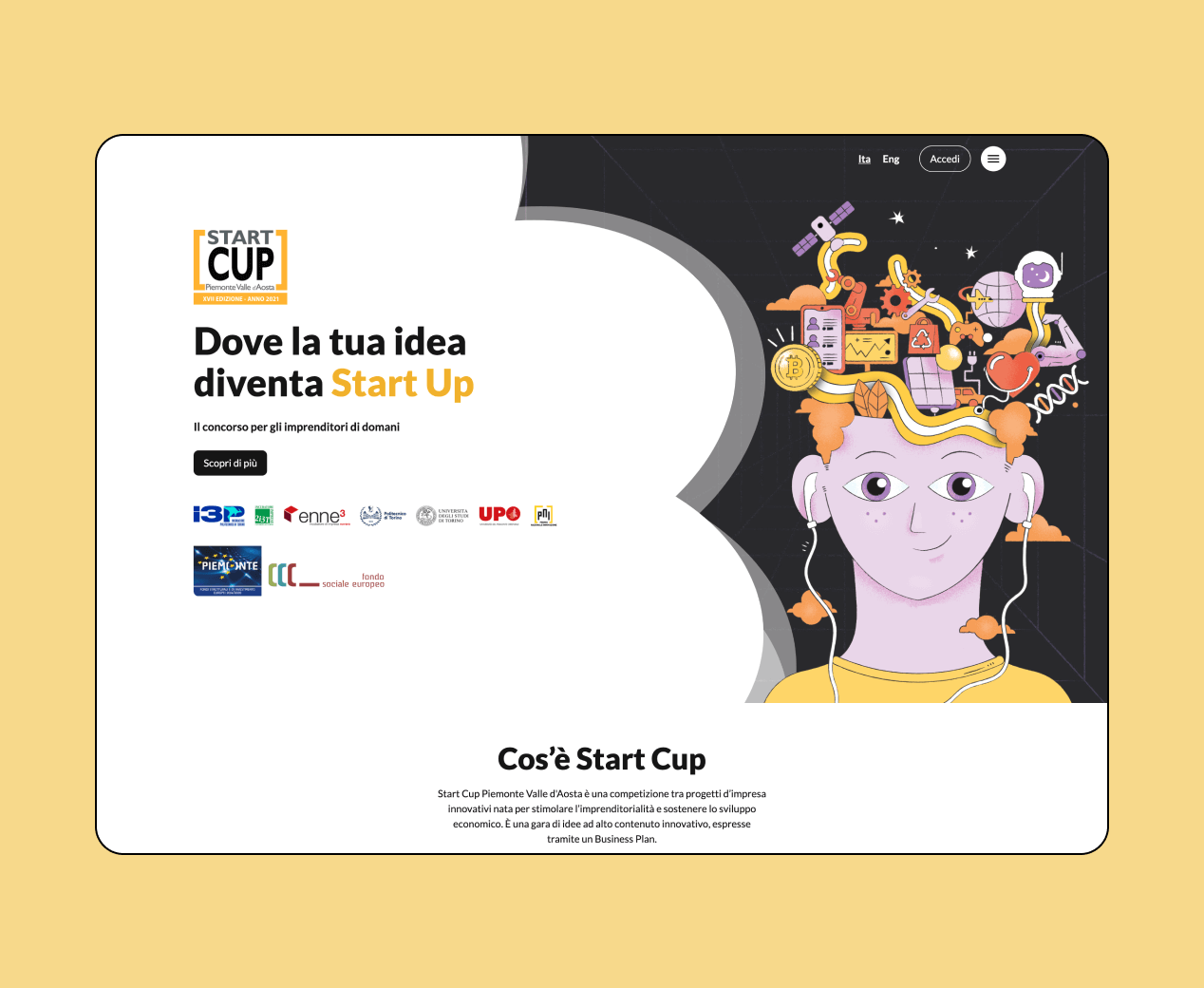 Mockup progetto Startcup: home desktop