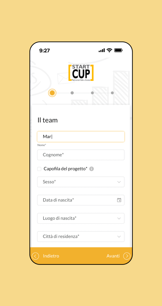 Mockup progetto Startcup: iscrizione versione mobile