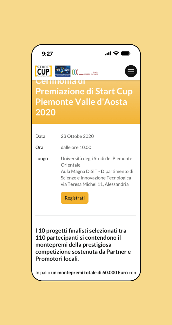 Mockup progetto Startcup: premiazione versione mobile