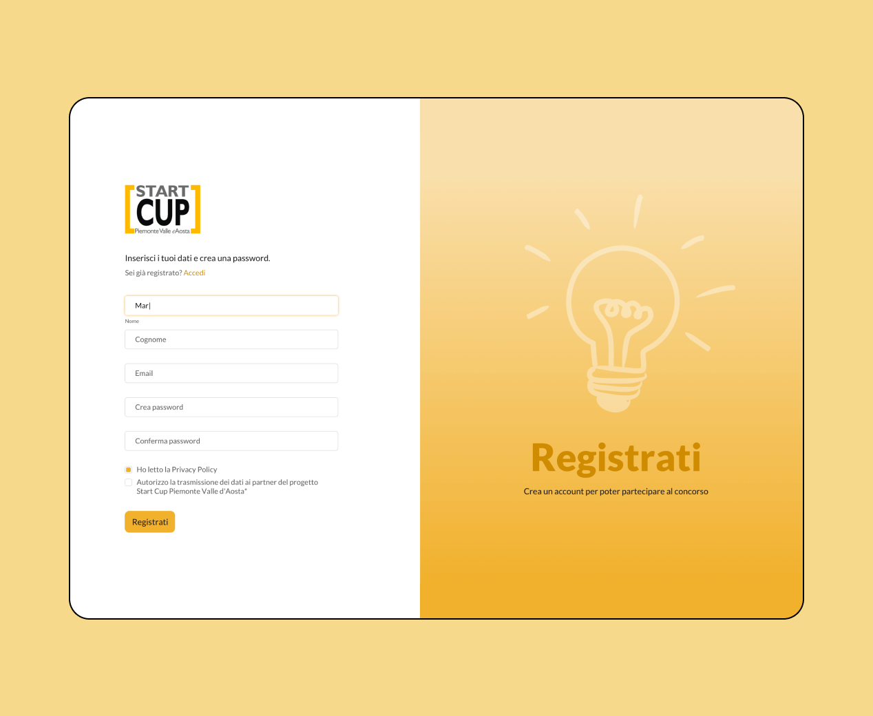 Mockup progetto Startcup: schermata registrazione desktop
