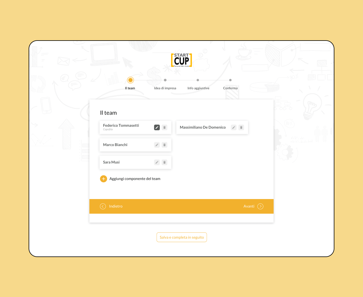Mockup progetto Startcup: schermata team