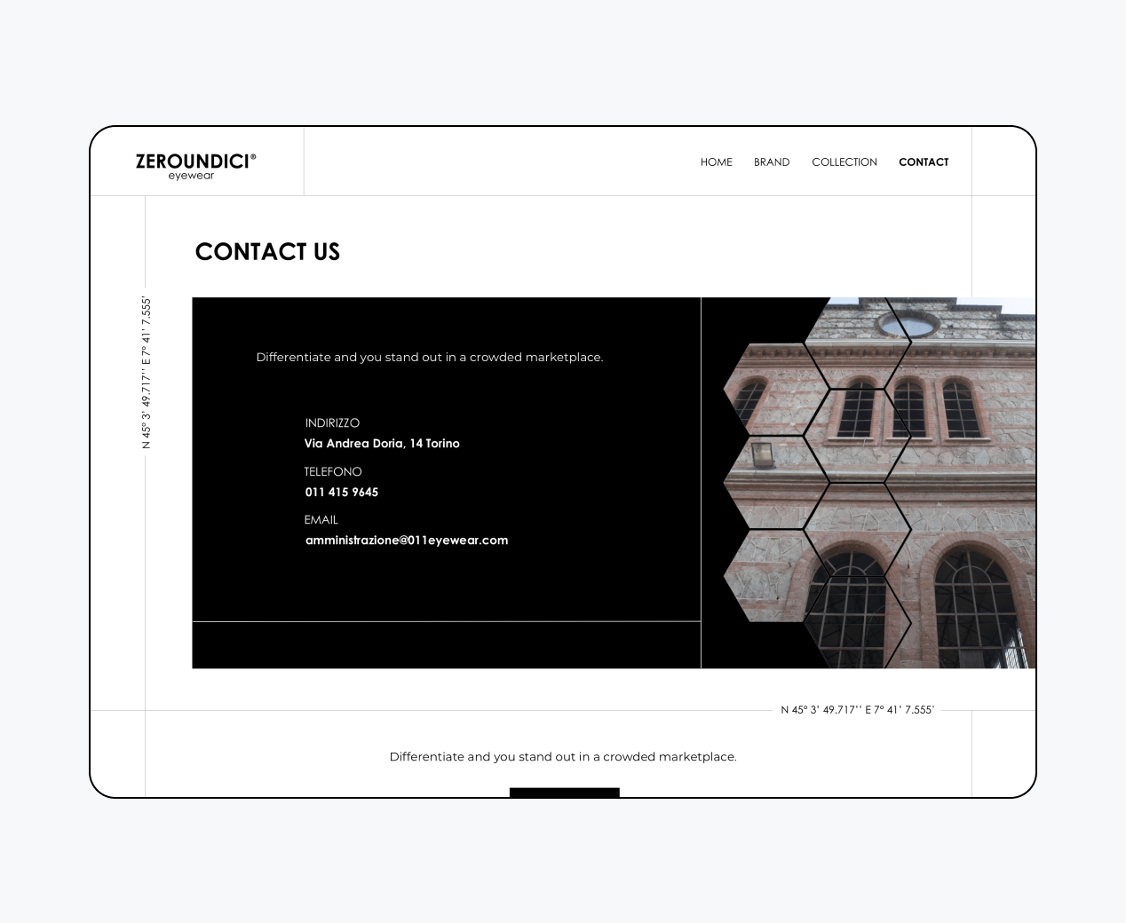 Mockup progetto Zeroundici: pagina contatti desktop