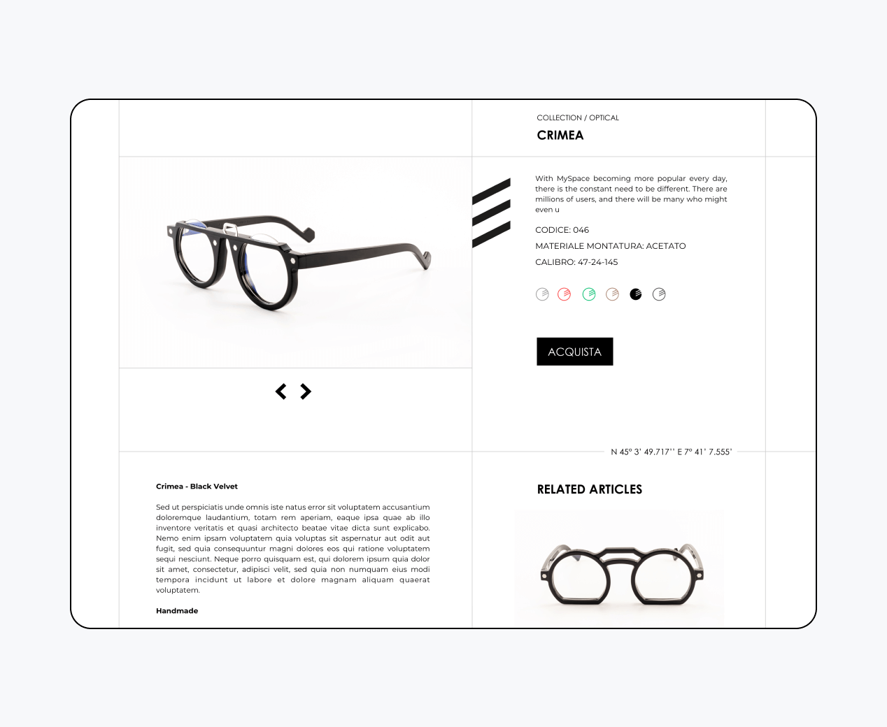 Mockup progetto Zeroundici: prodotto occhiale Crimea