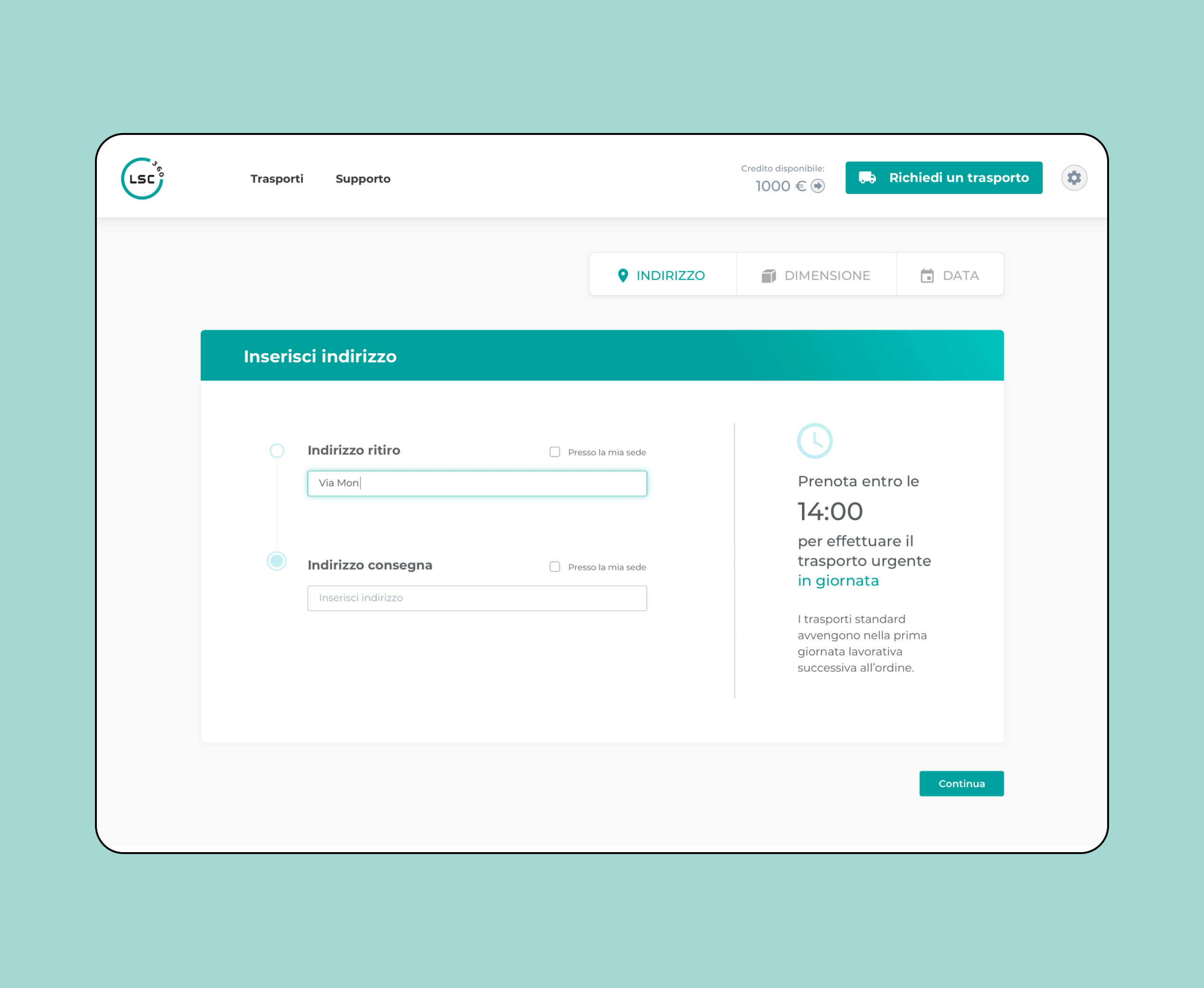 Mockup progetto LSC360: Inserisci indirizzo trasporto