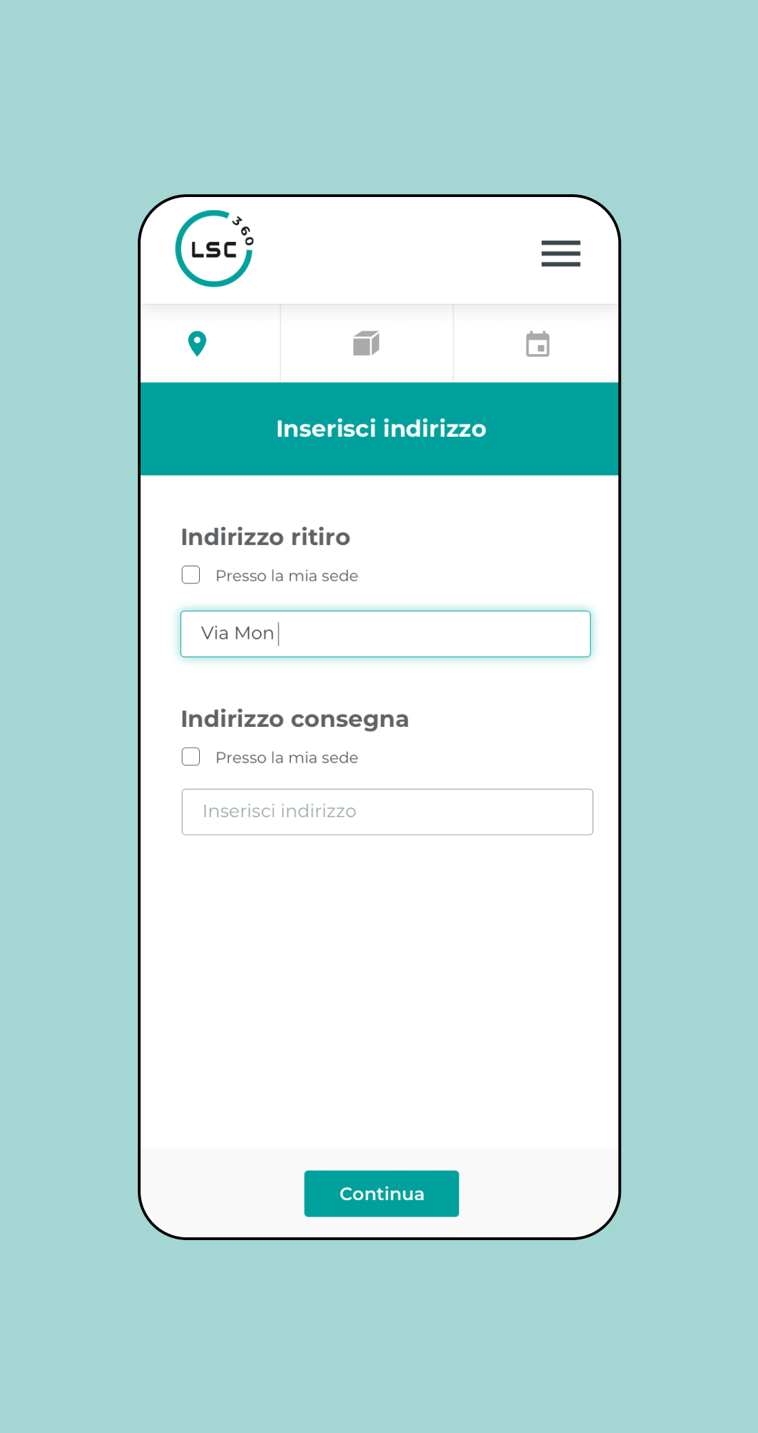 Mockup progetto LSC360: schermata versione mobile
