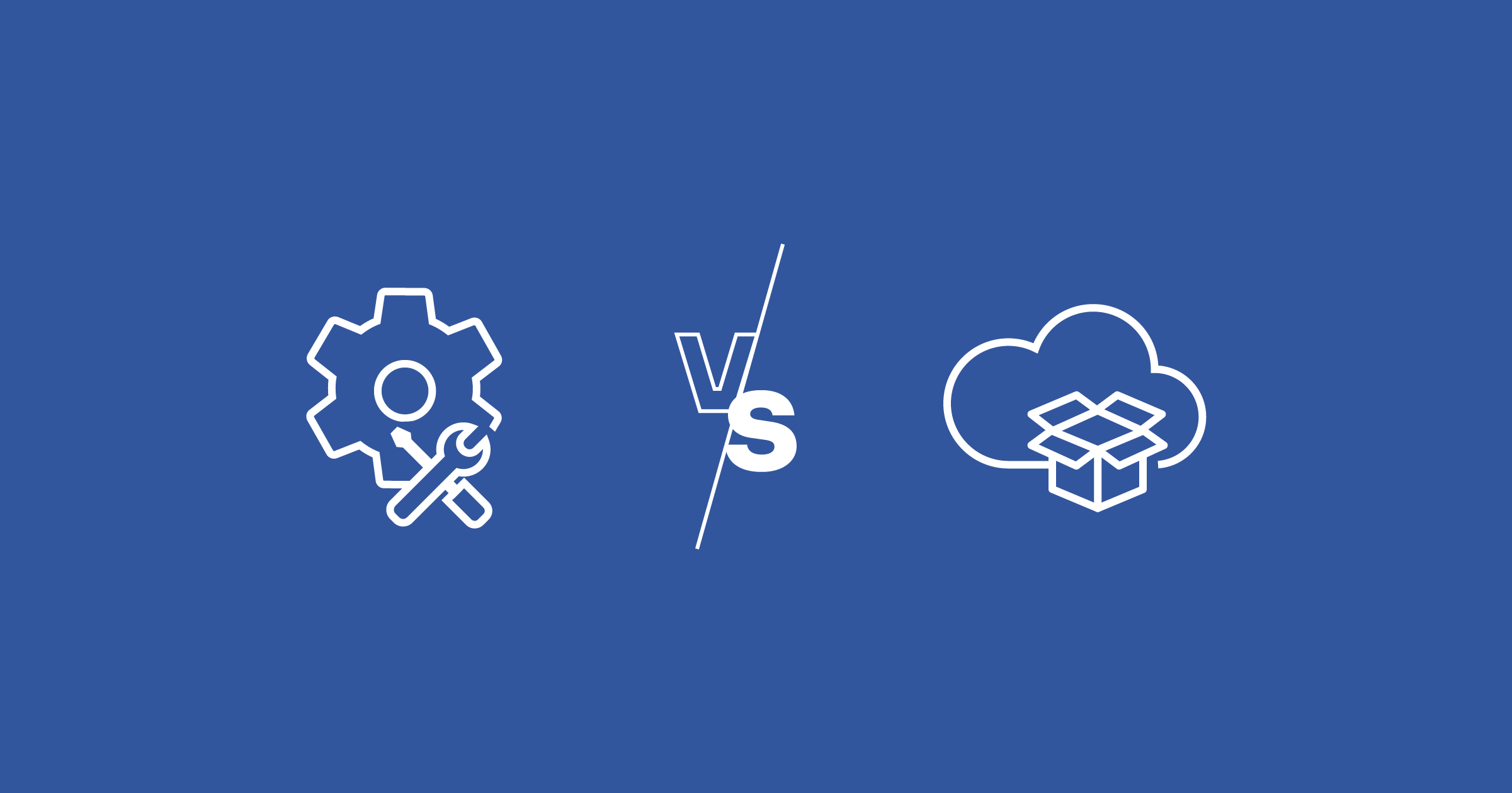 Icone: Software custom vs SaaS su sfondo blu