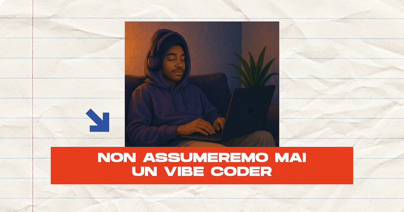 Un vibe coder con cuffie e cappuccio lavora al computer, con scritta: non assumeremo mai un vibe coder